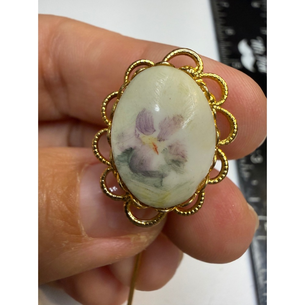 Vintage Hand Painted Floral Porcelain Stick Pin Gold Tone Filigree Scalloped